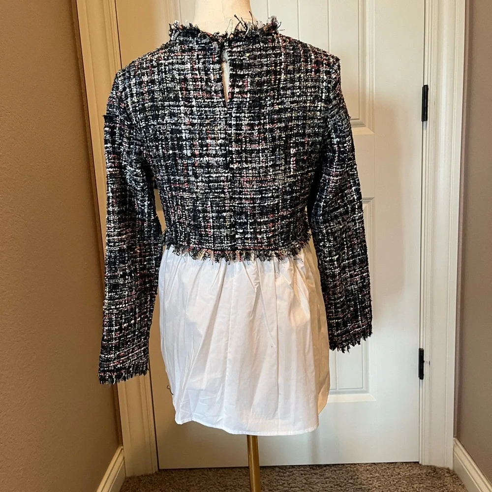 Chic Black and White Tweed Blouse with Fringe - Picture 3 of 3